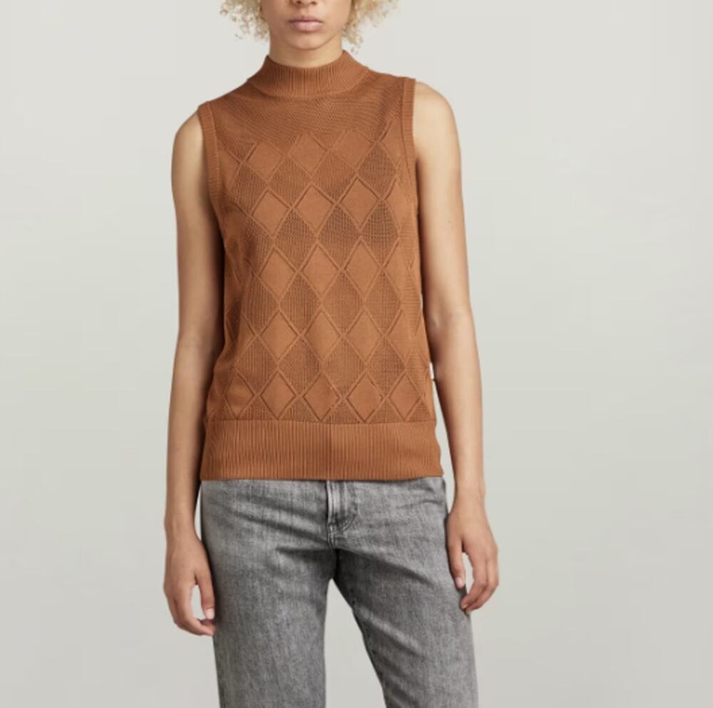 G-Star Women's Oxide Ocre Pointelle Mock Sleeveless Knitted Sweater Size M